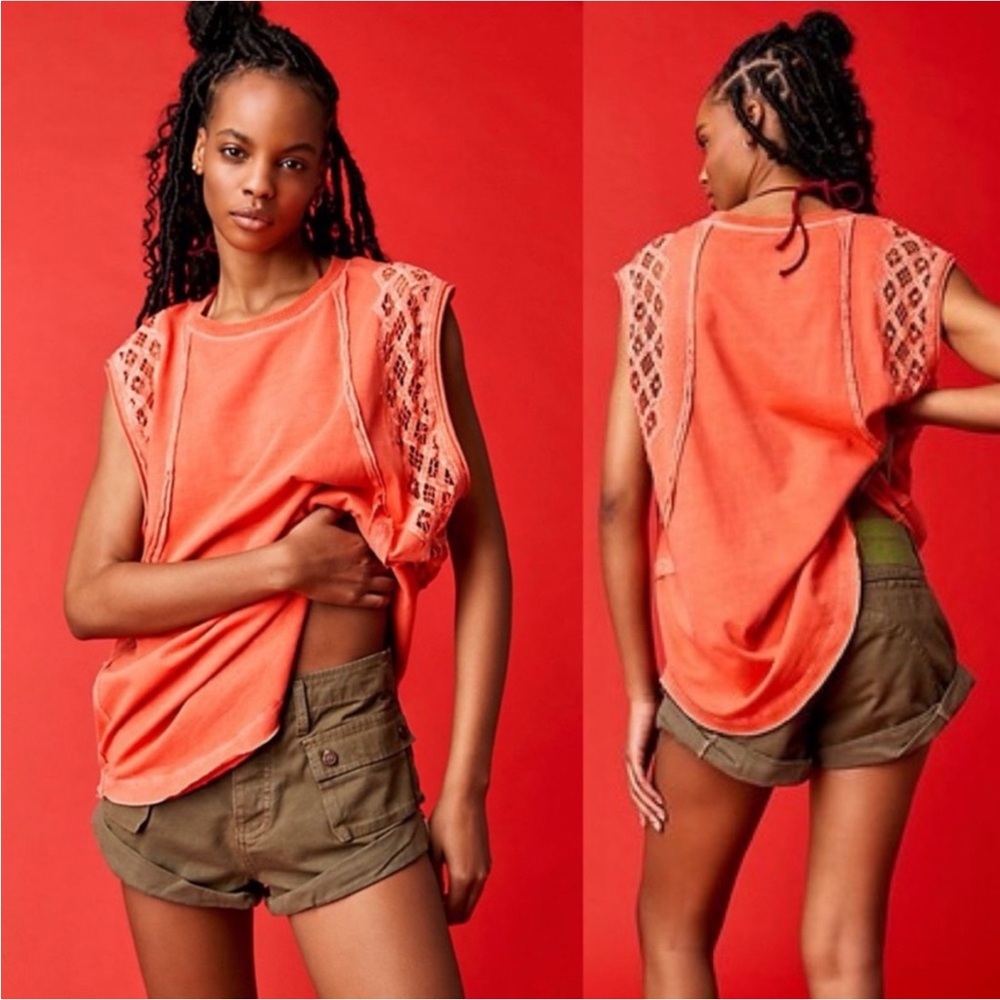 Free People Table For Two Bright Coral Top *NEW WITHOUT TAGS* - Picture 1 of 15